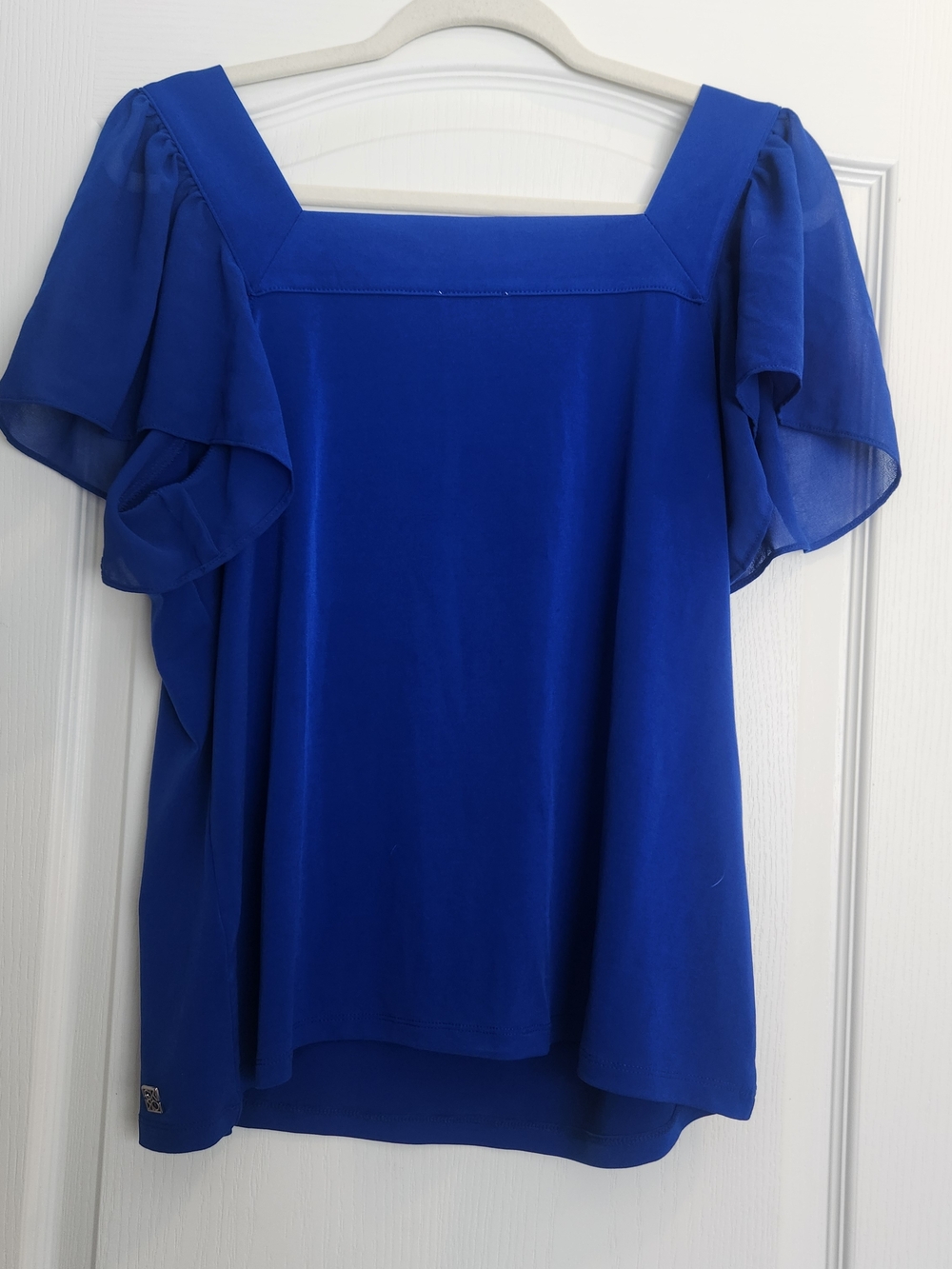 Calvin Klein Cobalt Blue Square Neck Flutter Sleeve Blouse L Euc - Picture 4 of 4